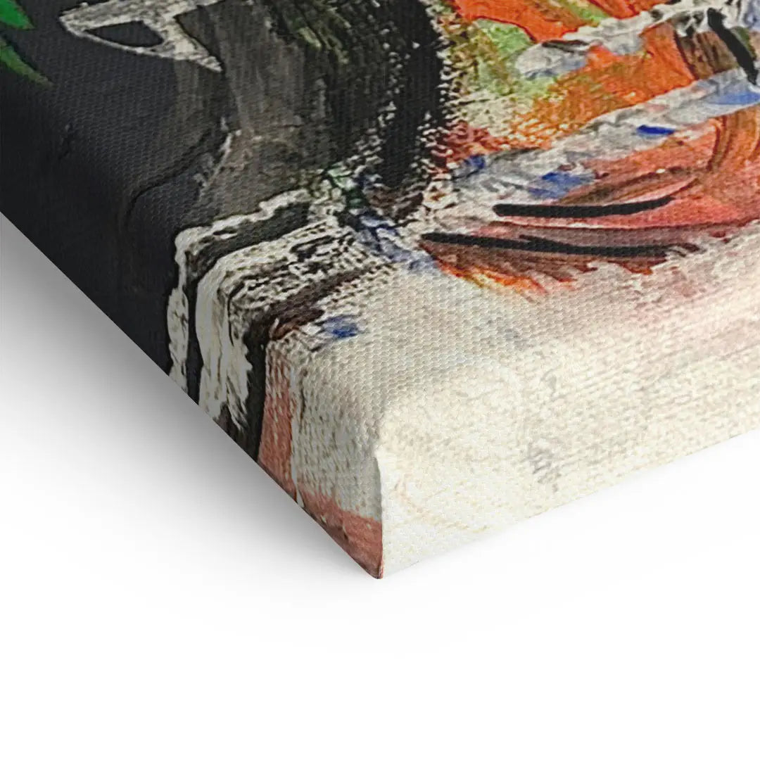 Detailansicht einer Leinwand mit abstraktem, farbenfrohem Wandbild, Textur sichtbar
