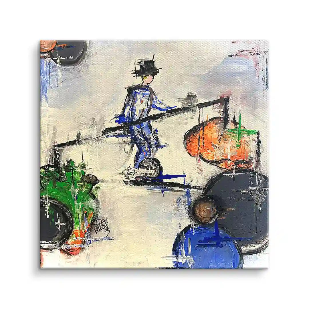 Abstraktes Wandbild mit balancierender Figur auf Seil, bunte Akzentfarben, moderne Kunst