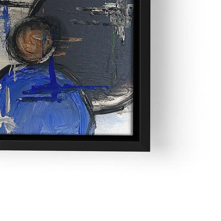 Abstraktes Wandbild mit blauen und braunen Kreisen, moderner Kunststil im schwarzen Rahmen