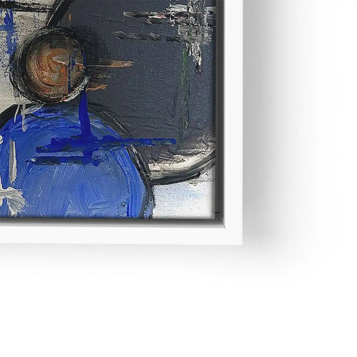 Abstraktes Wandbild in Blau und Grau mit strukturierter Acrylmalerei im weißen Rahmen