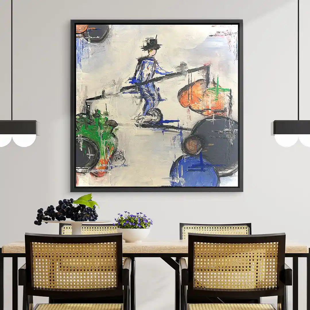 Modernes Wandbild mit abstraktem Seiltänzer in Blau, dekorativ im Esszimmer an der Wand