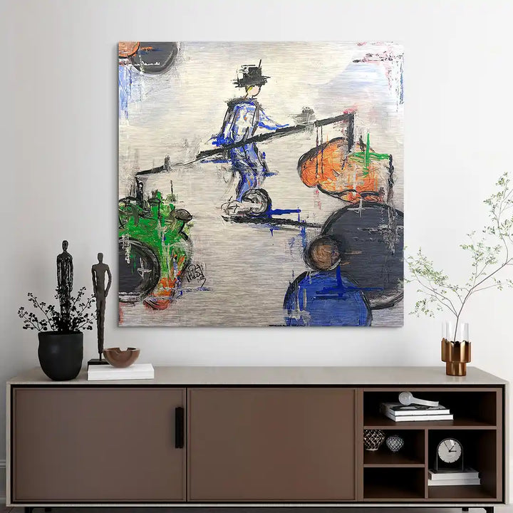 Abstraktes Wandbild Balance mit Figur auf Seil, moderne Kunst, bunte Akzente im Wohnzimmer
