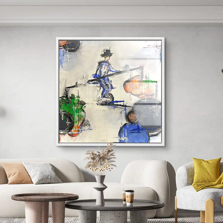 Abstraktes Wandbild mit Balance-Motiv, farbenfrohe Kunst im modernen Wohnzimmer