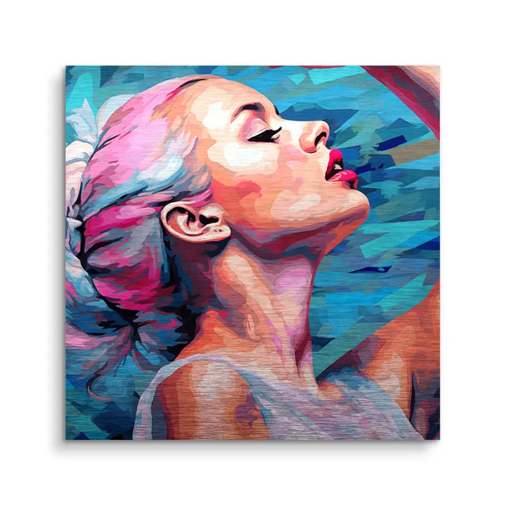 Modernes Wandbild einer Ballerina im abstrakten, bunten Kunststil auf blauem Hintergrund