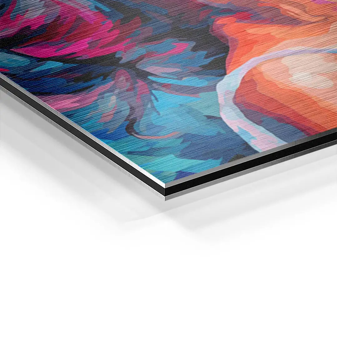 Detail eines bunten Wandbilds mit Ballerina-Motiv auf Aluminium, abstrakte Kunst