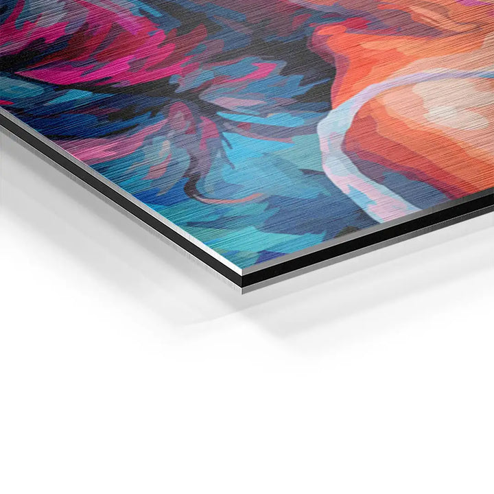 Detail eines bunten Wandbilds mit Ballerina-Motiv auf Aluminium, abstrakte Kunst