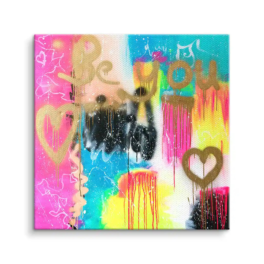 Modernes Leinwandbild Be You in bunten Farben mit goldenen Herzen, abstrakte Wandkunst