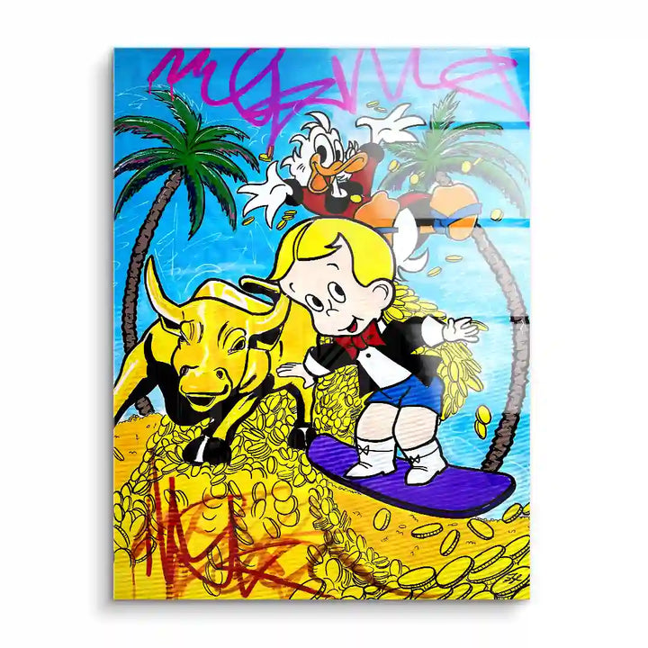 Buntes Wandbild mit Comic-Figuren, Palmen und Münzen im Pop Art Stil vor Strandkulisse