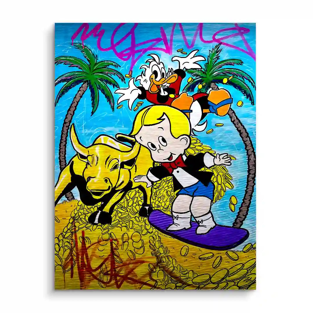 Buntes Wandbild mit Comic-Figuren, Palmen, Goldmünzen, Surfbrett und Graffiti-Elementen