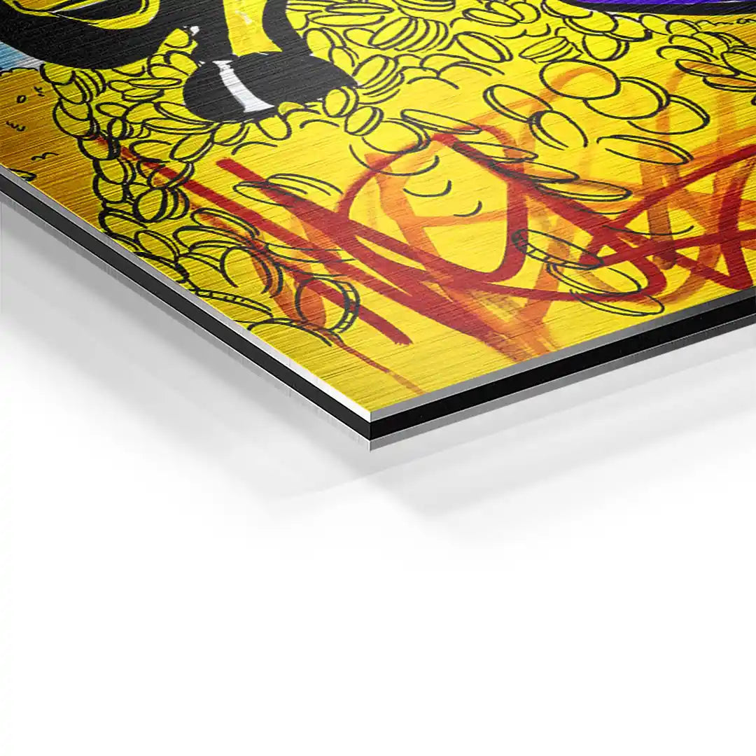 Detailansicht Wandbild mit Pop Art Motiv, gelber Hintergrund, rote und schwarze Akzente auf Aluminium