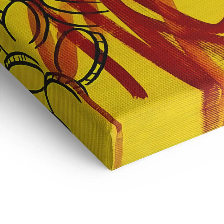 Detail Leinwanddruck Gelb mit Sonnenbrille und abstrakten roten Linien, modernes Wandbild