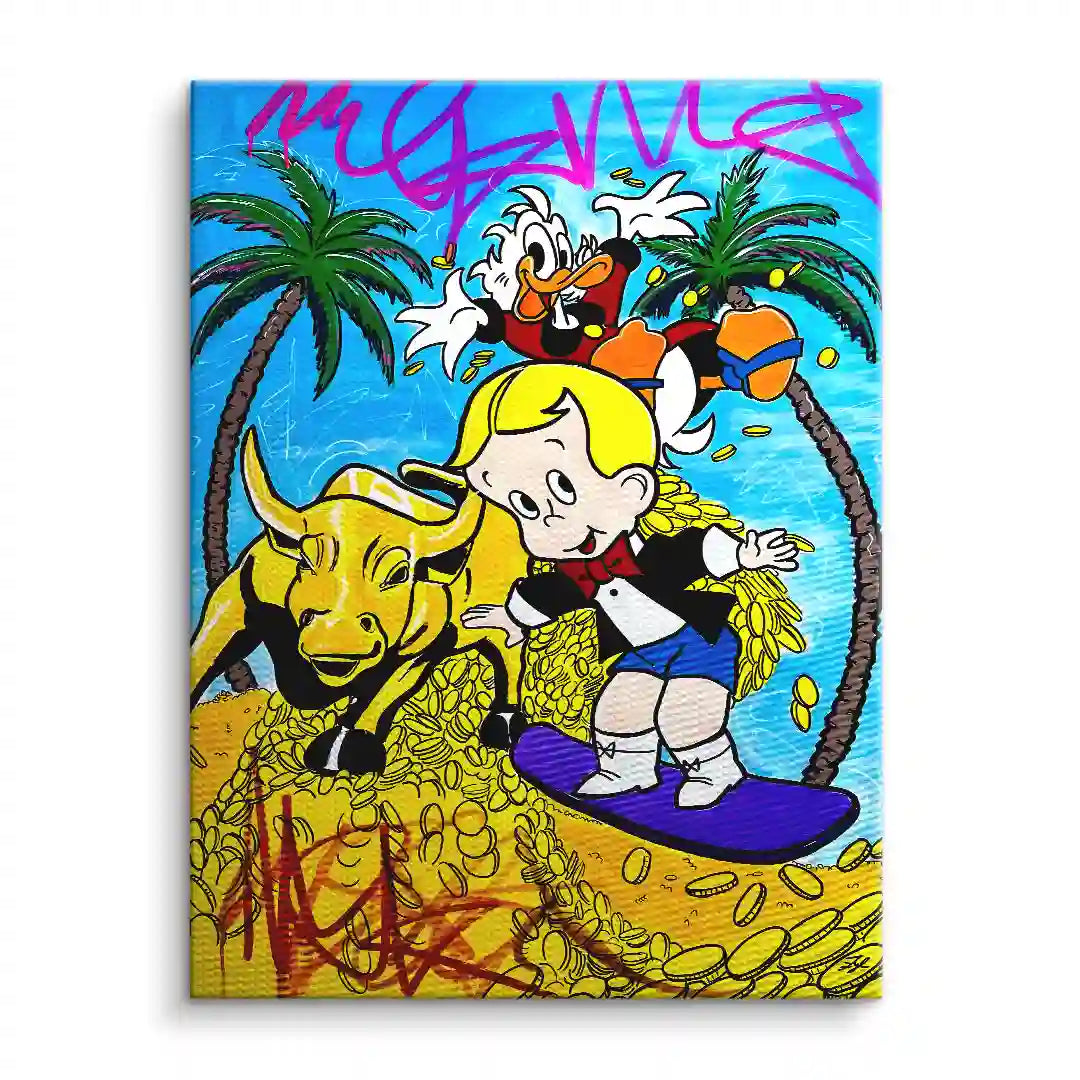 Buntes Wandbild mit Comicfiguren, Palmen und goldenen Münzen auf Canvas.