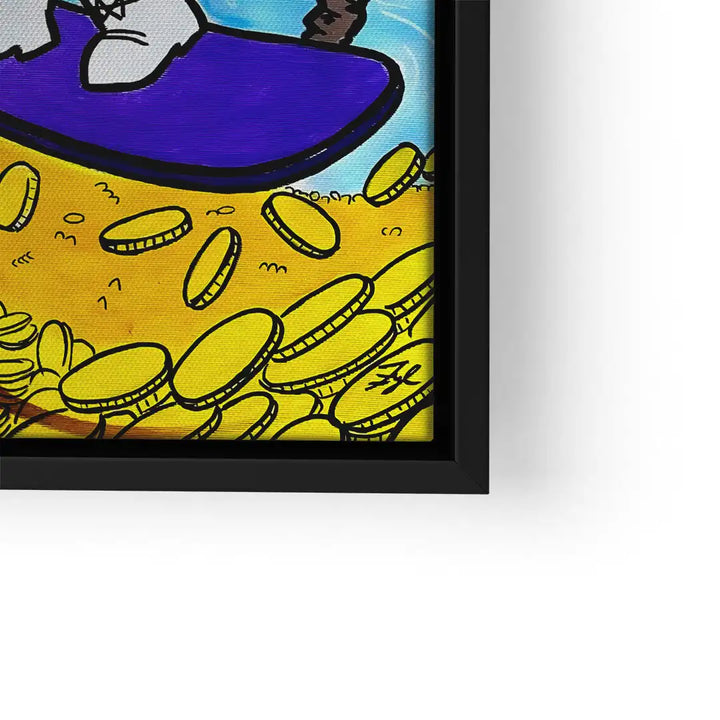 Comic-Wandbild mit Münzen, goldgelbem Sand und Surfbrett im modernen Kunstdruck