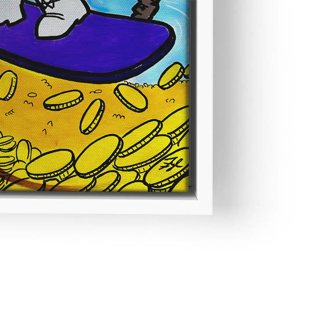 Modernes Wandbild mit gezeichneten Münzen und Surfbrett im Comicstil, gelb und blau