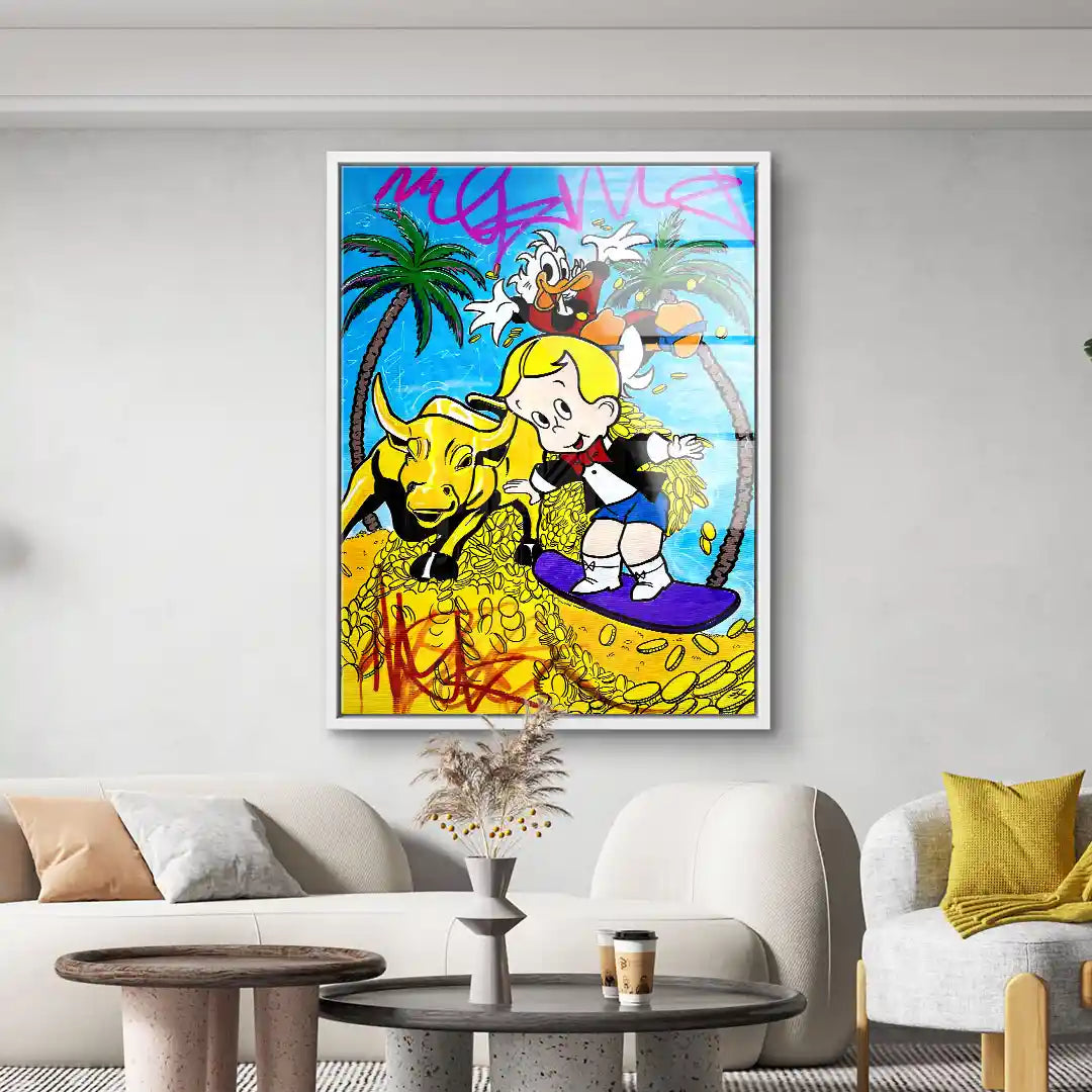 Modernes Wandbild mit Comic-Figuren, Palmen und Goldmünzen in buntem Pop Art Stil
