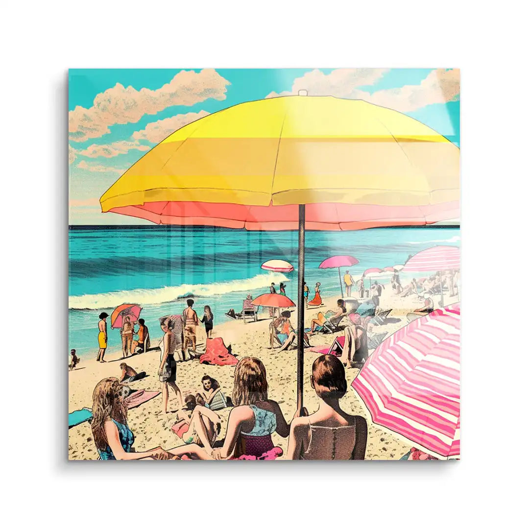 Modernes Wandbild Strand Italien mit bunten Sonnenschirmen und Menschen am Meer