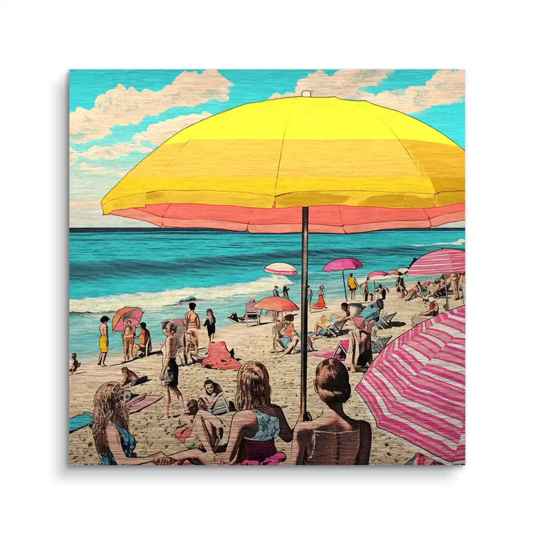 Kunst Wandbild Strand Italien mit bunten Sonnenschirmen und Badegästen am Meer