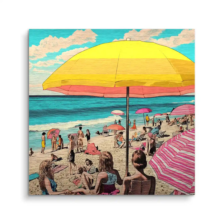 Kunst Wandbild Strand Italien mit bunten Sonnenschirmen und Badegästen am Meer