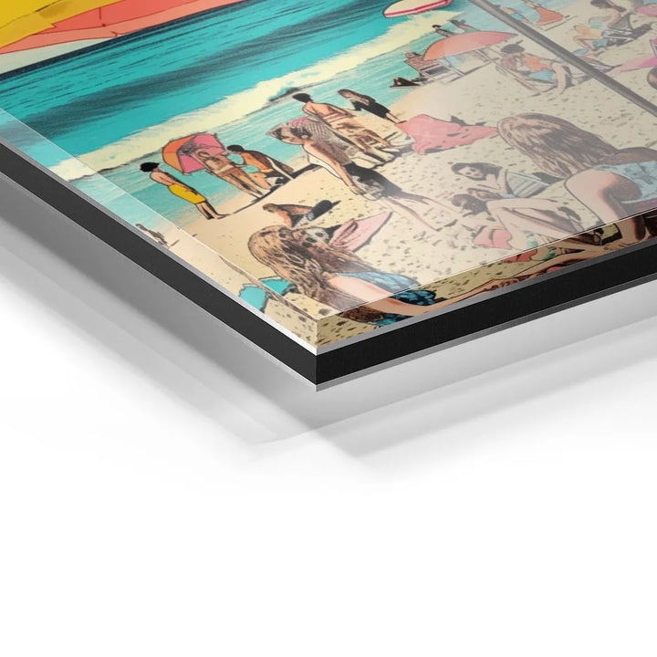 Detail eines Acryl-Wandbilds mit Strandmotiv Italien, bunte Menschen am Meer