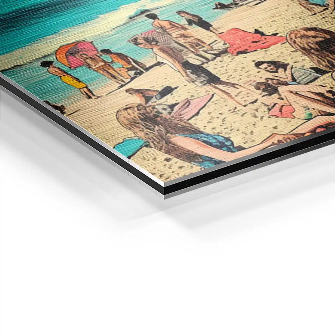 Brushed Wandbild mit Strandmotiv Italien, Menschen am Meer, sommerliche Kunst auf Aluminium
