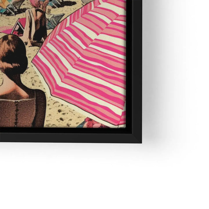 Pop Art Wandbild mit pink-weißem Strandsonnenschirm und Frau am Sandstrand