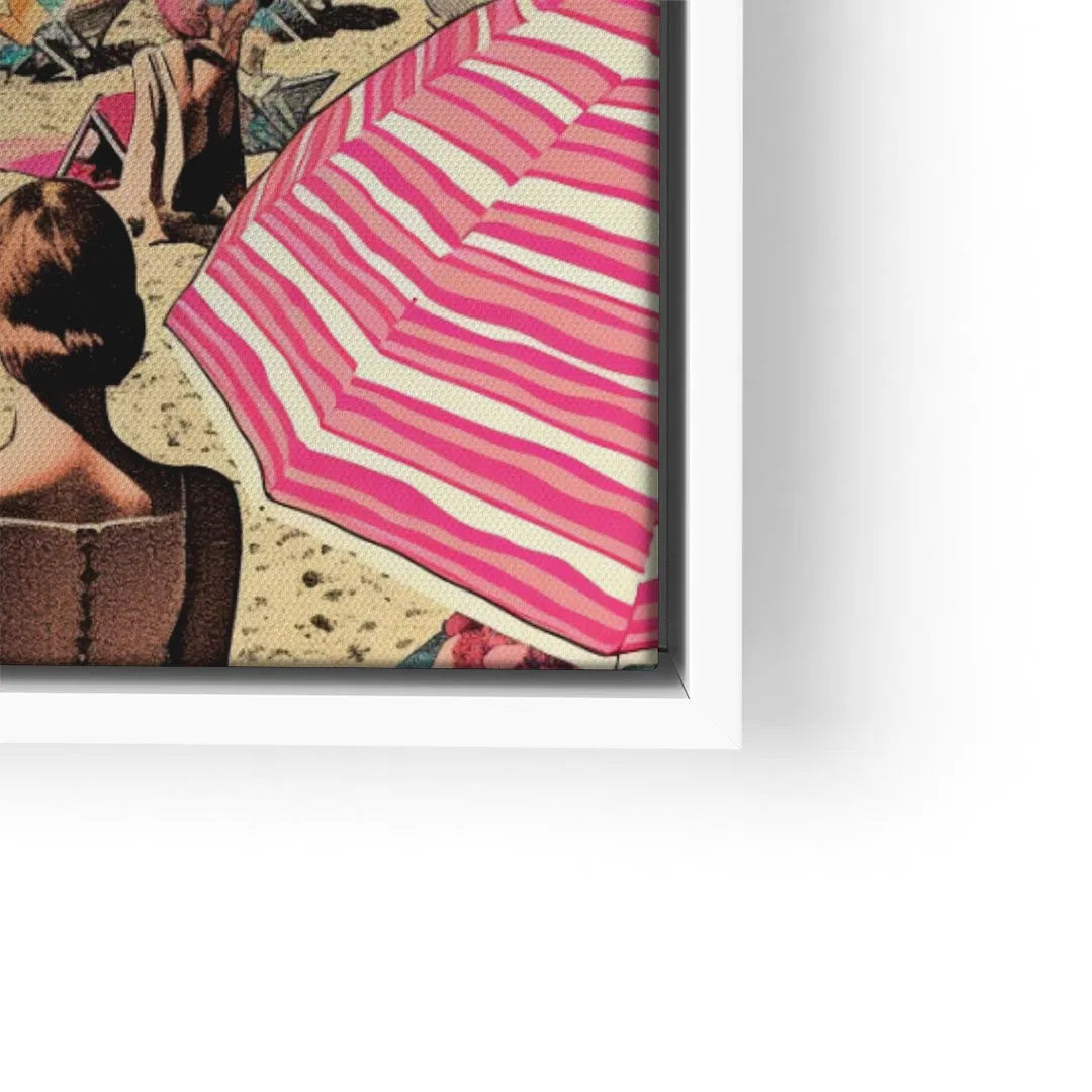 Modernes Wandbild mit Pop Art Strandmotiv, Frau und pink-weißem Sonnenschirm