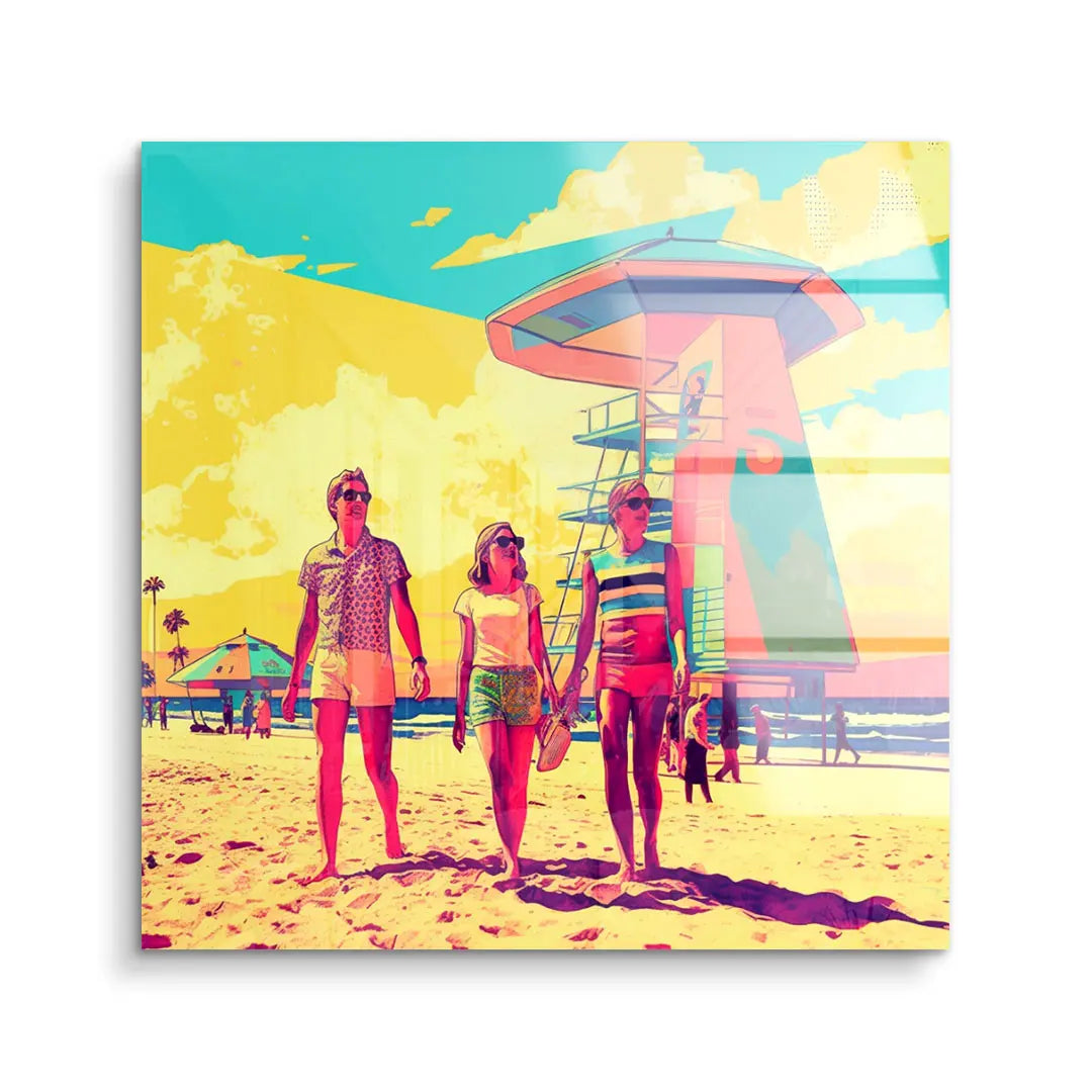 Pop Art Wandbild mit Strandmotiv, drei Personen und Rettungsturm in bunten Farben