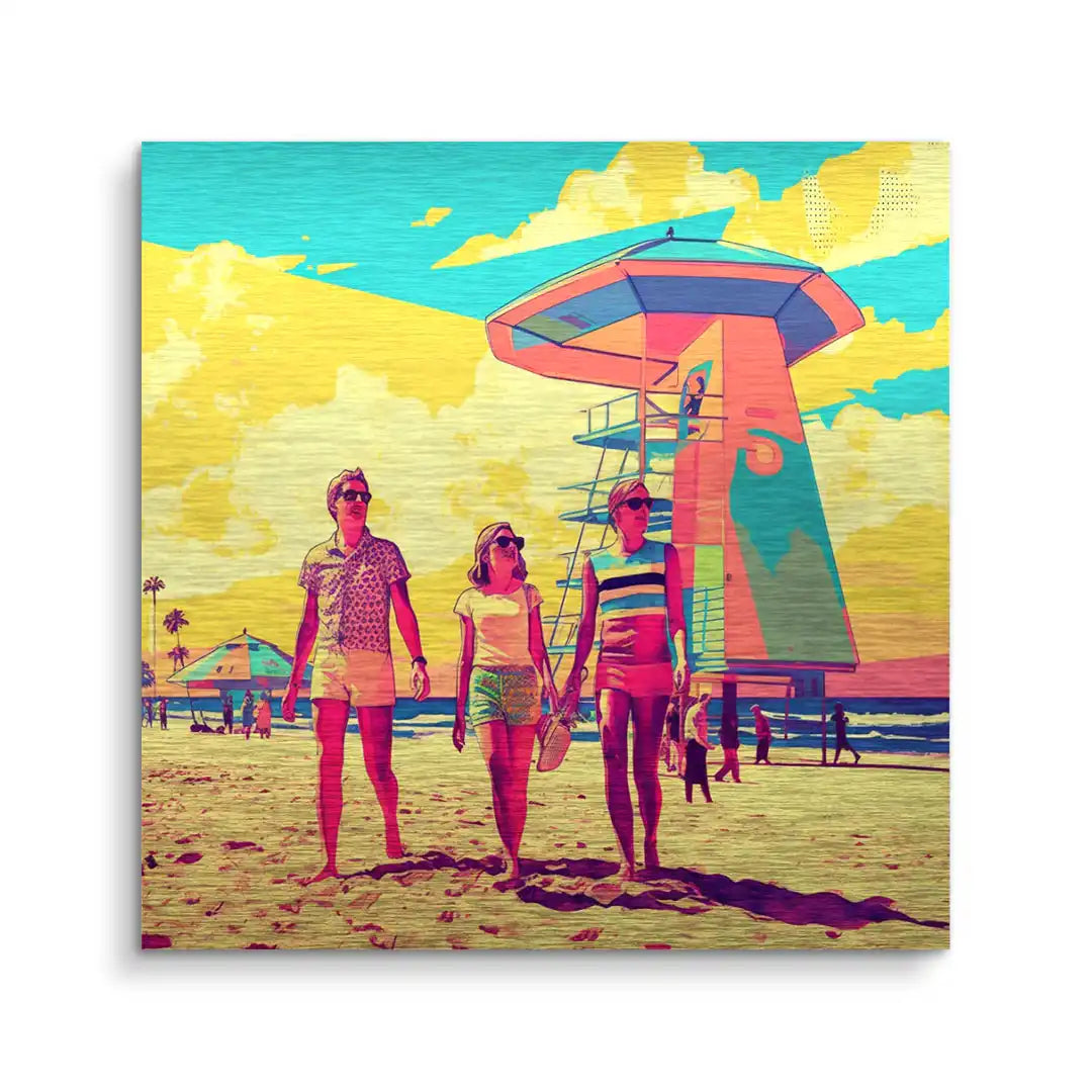 Pop Art Wandbild mit drei Personen am Strand, bunter Retro-Look, Rettungsturm, Sommerstimmung