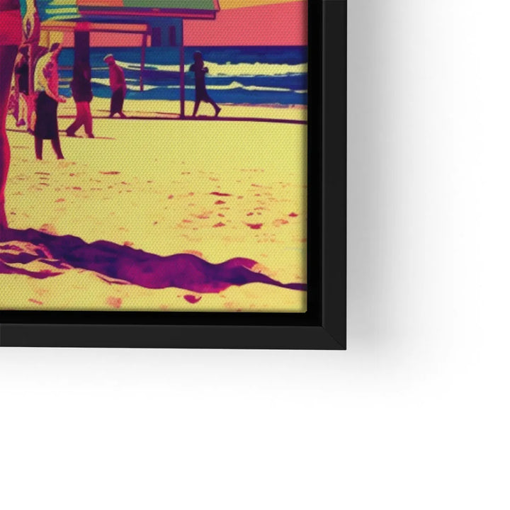 Modernes Wandbild mit bunten Beach-Pop-Art-Motiven, Menschen am Strand, Sonnenuntergang