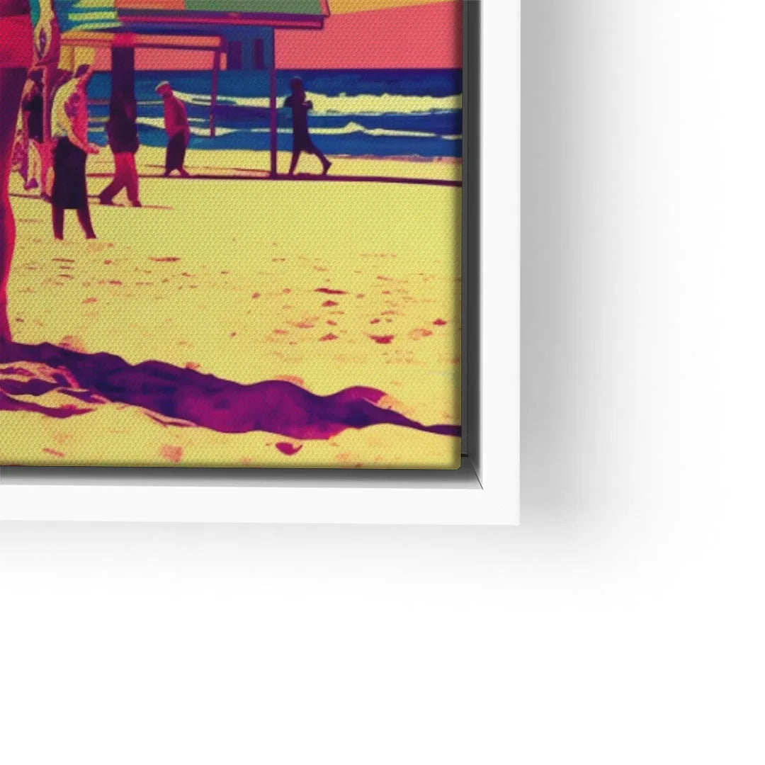Modernes Wandbild mit buntem Strandmotiv, Menschen am Meer, Pop-Art Stil, gerahmt.