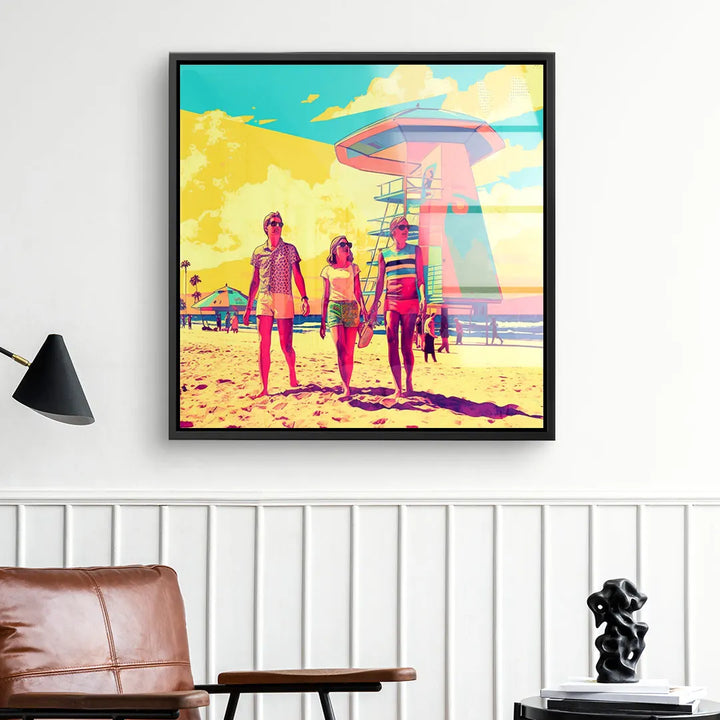 Modernes Wandbild mit Pop Art Strandmotiv, drei Personen und Rettungsturm, bunte Farben