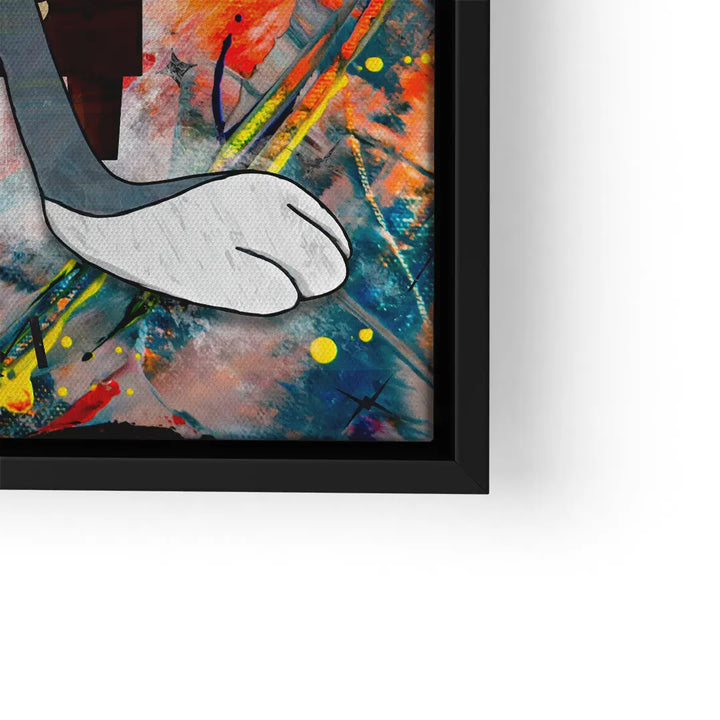 Modernes Wandbild mit bunter abstrakter Kunst und Comic-Hand in schwarzem Rahmen
