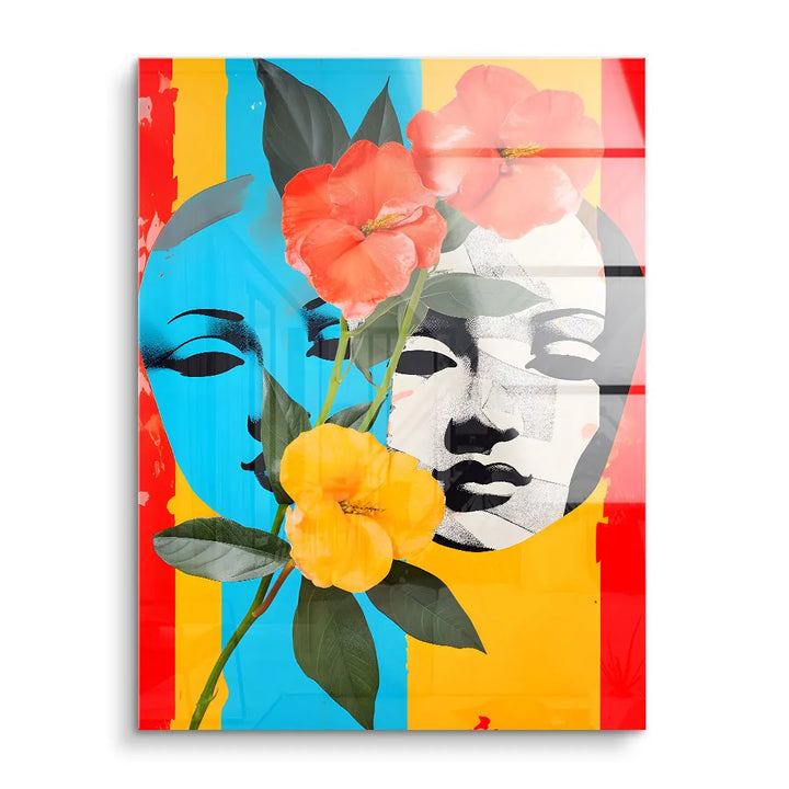 Modernes Wandbild mit zwei stilisierten Gesichtern, Blumen und farbigen Streifen