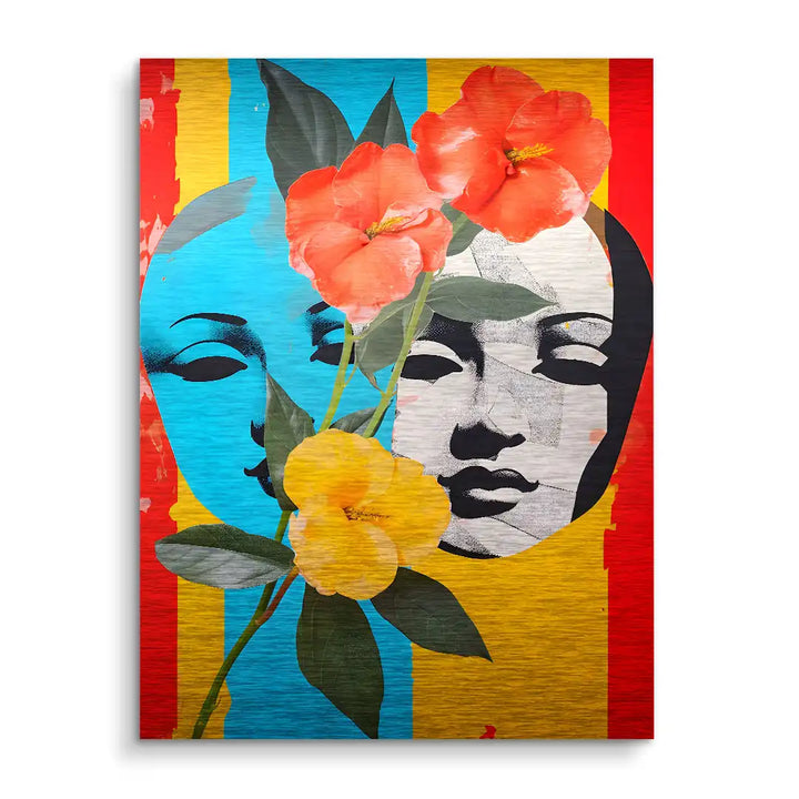 Modernes Wandbild mit zwei Masken-Gesichtern, buntem Hintergrund und großen Blumen.