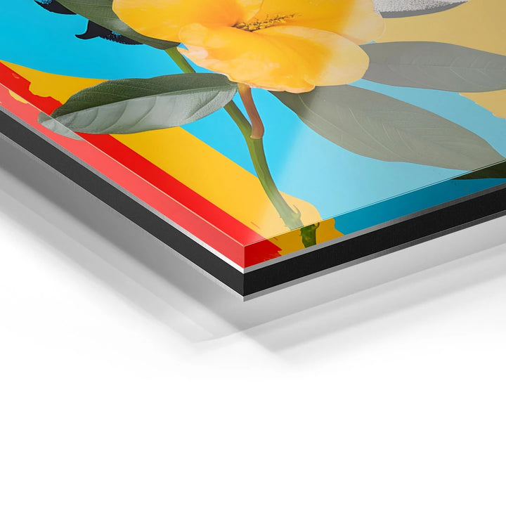Detailansicht Acrylglas-Wandbild mit gelber Blume und buntem Hintergrund