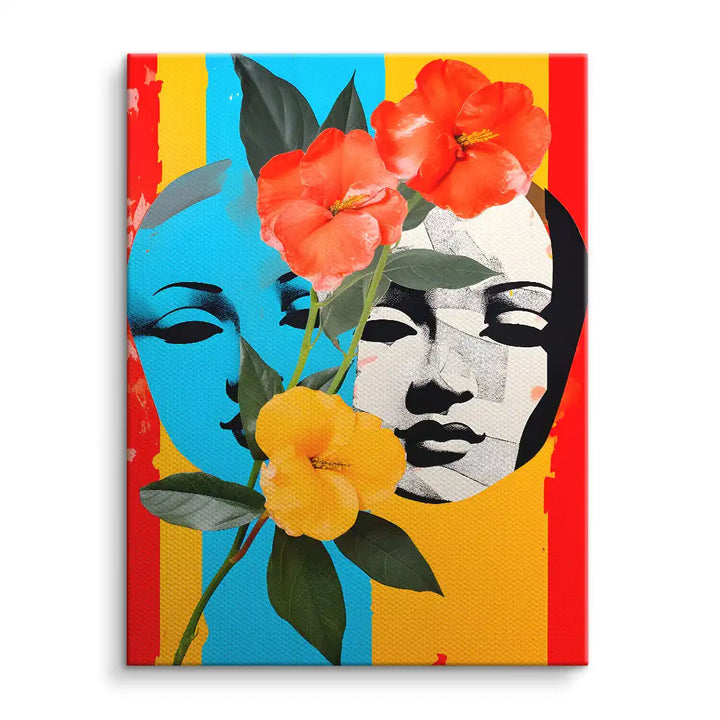 Modernes Wandbild mit abstrakten Gesichtern und bunten Blumen auf farbigen Streifen