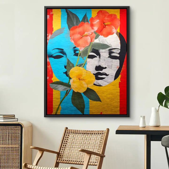 Modernes Wandbild mit zwei maskenhaften Gesichtern, bunten Streifen und Blumenmotiv im Wohnzimmer