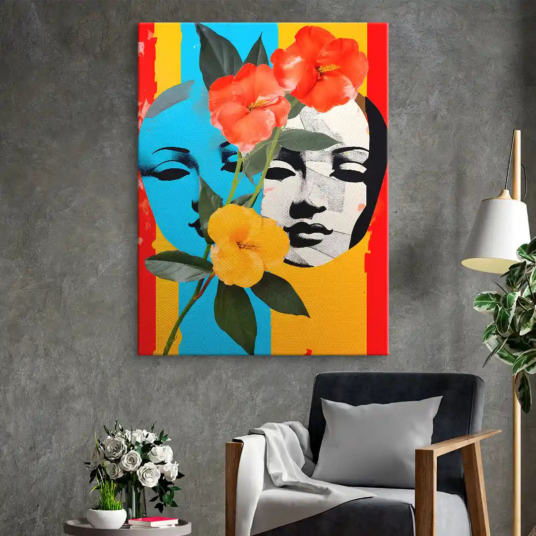 Modernes Wandbild mit abstrakten Gesichtern, bunten Blumen und farbigen Streifen