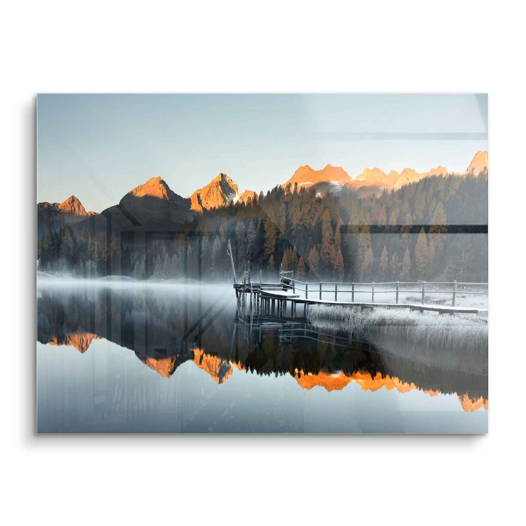 Acryl Wandbild mit Bergsee, Steg und Alpen im Sonnenuntergang, Natur Landschaft