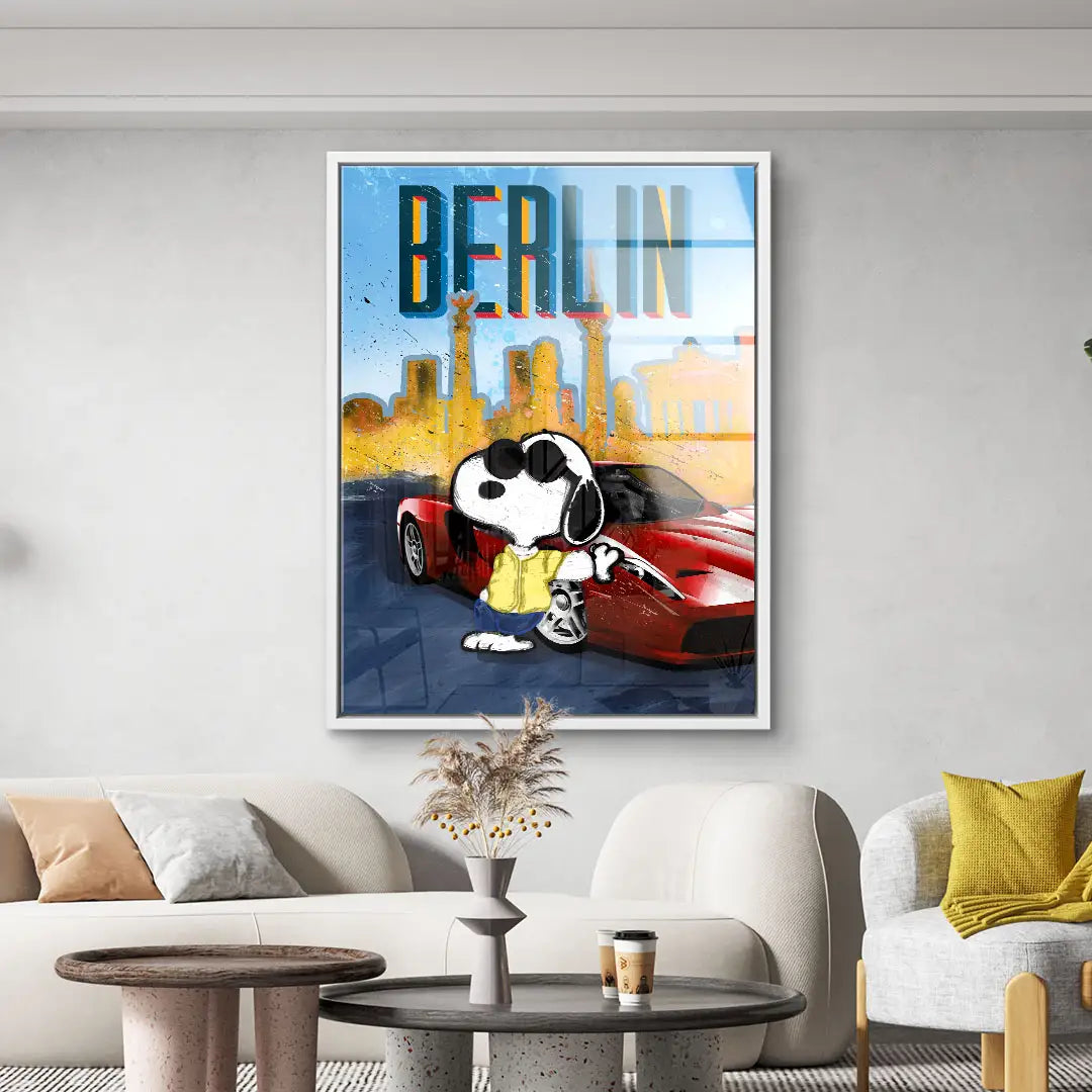 Modernes Wandbild Berlin Skyline mit Cartoon-Hund, rotem Sportwagen und Street-Art-Stil
