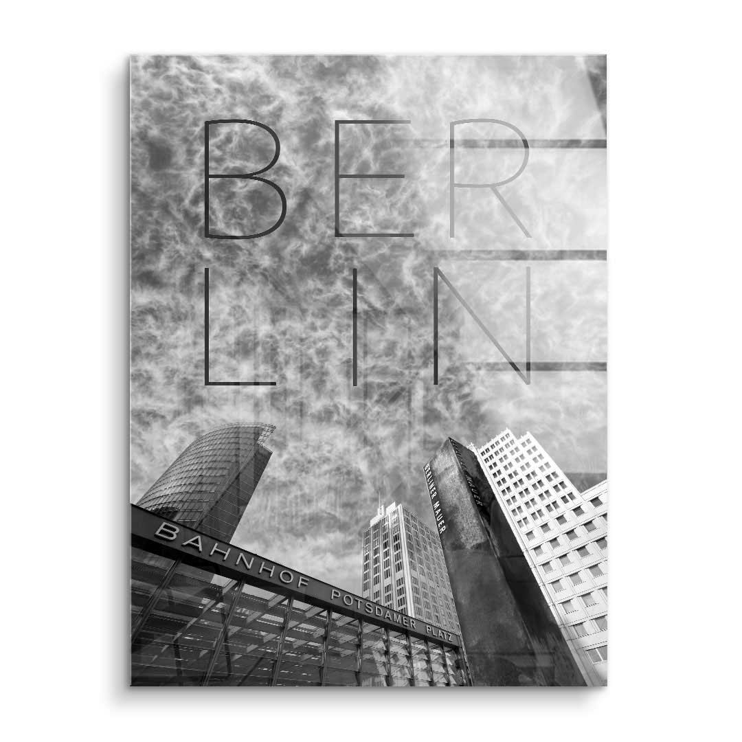 Schwarz-weiß Wandbild Berlin mit Potsdamer Platz Gebäuden und Wolkenhimmel