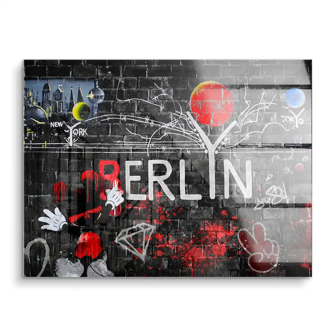 Wandbild Berlin Graffiti-Stil auf Acryl, rote Farbakzente, Skyline und Streetart Motive