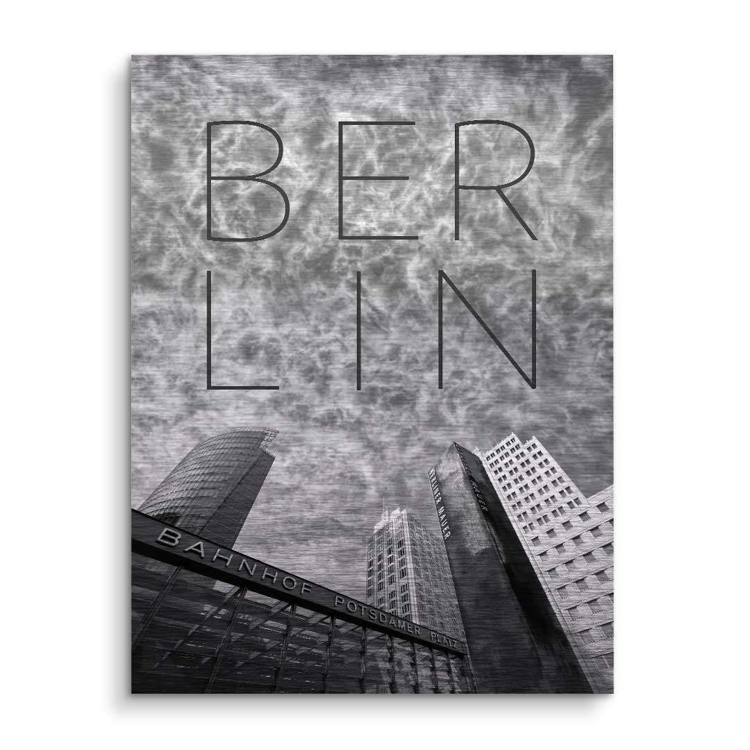 Modernes Berlin Wandbild in Schwarz-Weiß mit Skyline und Schriftzug, Potsdamer Platz Kunst