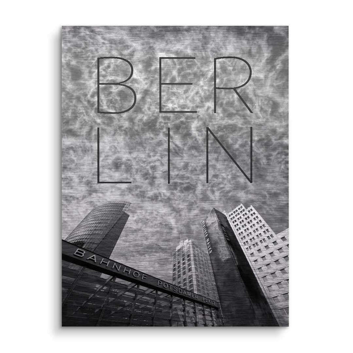 Modernes Berlin Wandbild in Schwarz-Weiß mit Skyline und Schriftzug, Potsdamer Platz Kunst