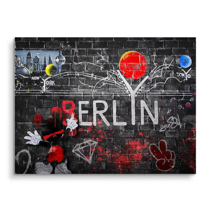Modernes Wandbild mit Berlin Graffiti, rotem Sonnenmotiv, Stadtname und Streetart-Elementen