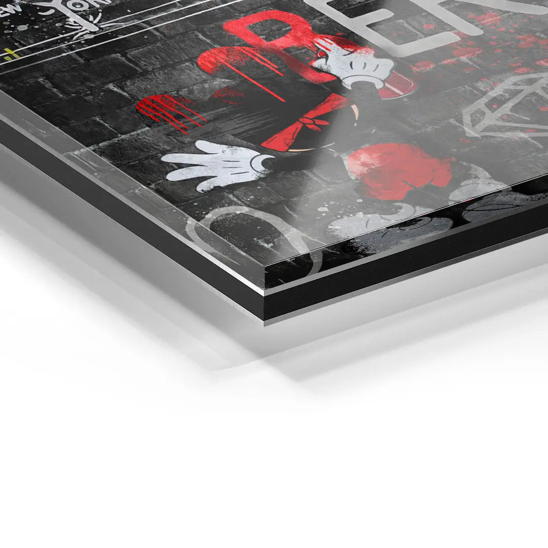 Detailaufnahme Acrylglas Wandbild mit Streetart-Motiv und Graffiti in Rot und Schwarz