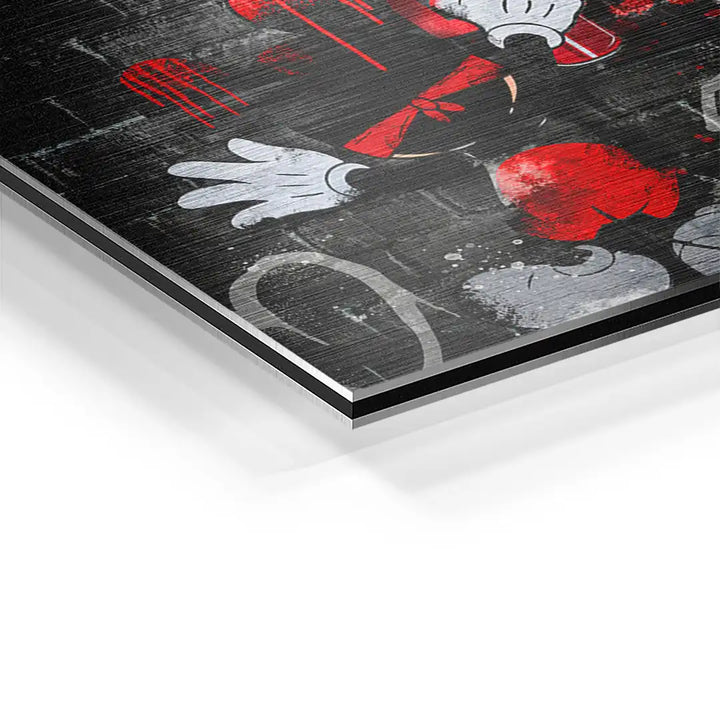 Modernes Wandbild auf Aluminium mit Comic-Graffiti, rote und schwarze Akzentfarben, Nahaufnahme