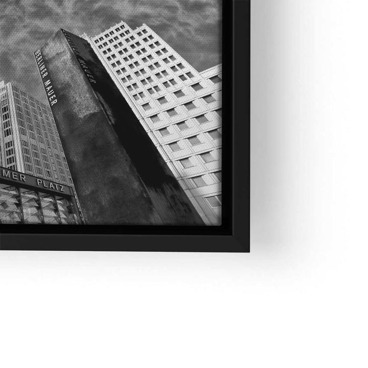 Schwarz-weiß Wandbild mit Berliner Mauer, Hochhäusern und Potsdamer Platz