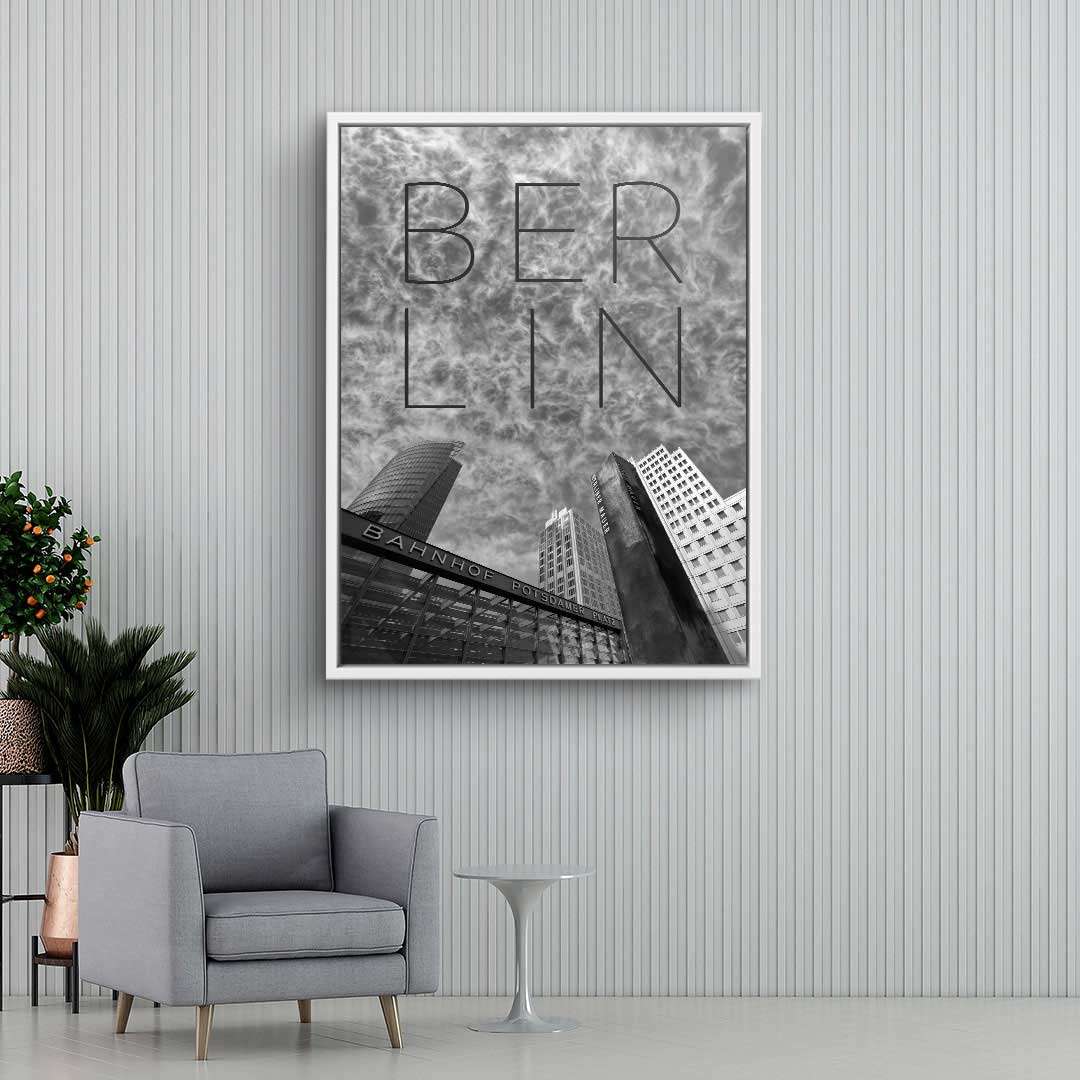 Modernes Wandbild Berlin Potsdamer Platz in Schwarz-Weiß mit markanten Hochhäusern