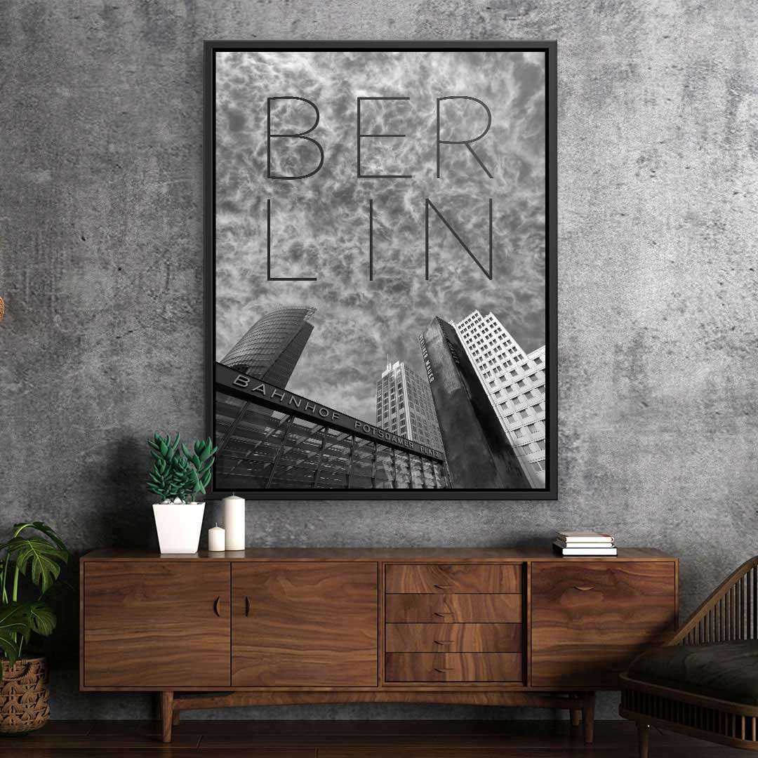 Modernes Wandbild Berlin Skyline in Schwarz-Weiß mit Potsdamer Platz Hochhäusern, Wohnzimmerdeko